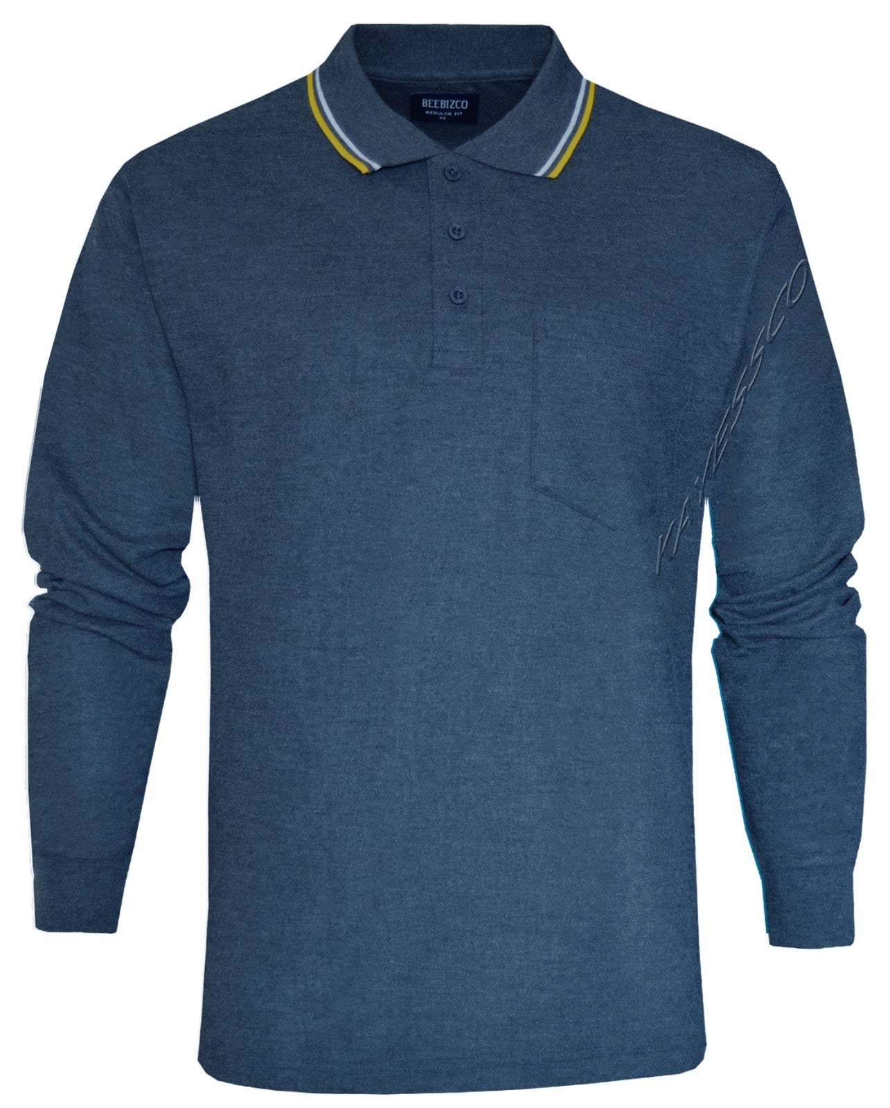 Long Sleeve Polo Pique Shirt Double Tipping Collar with Pocket by Beebizco M-3XL
