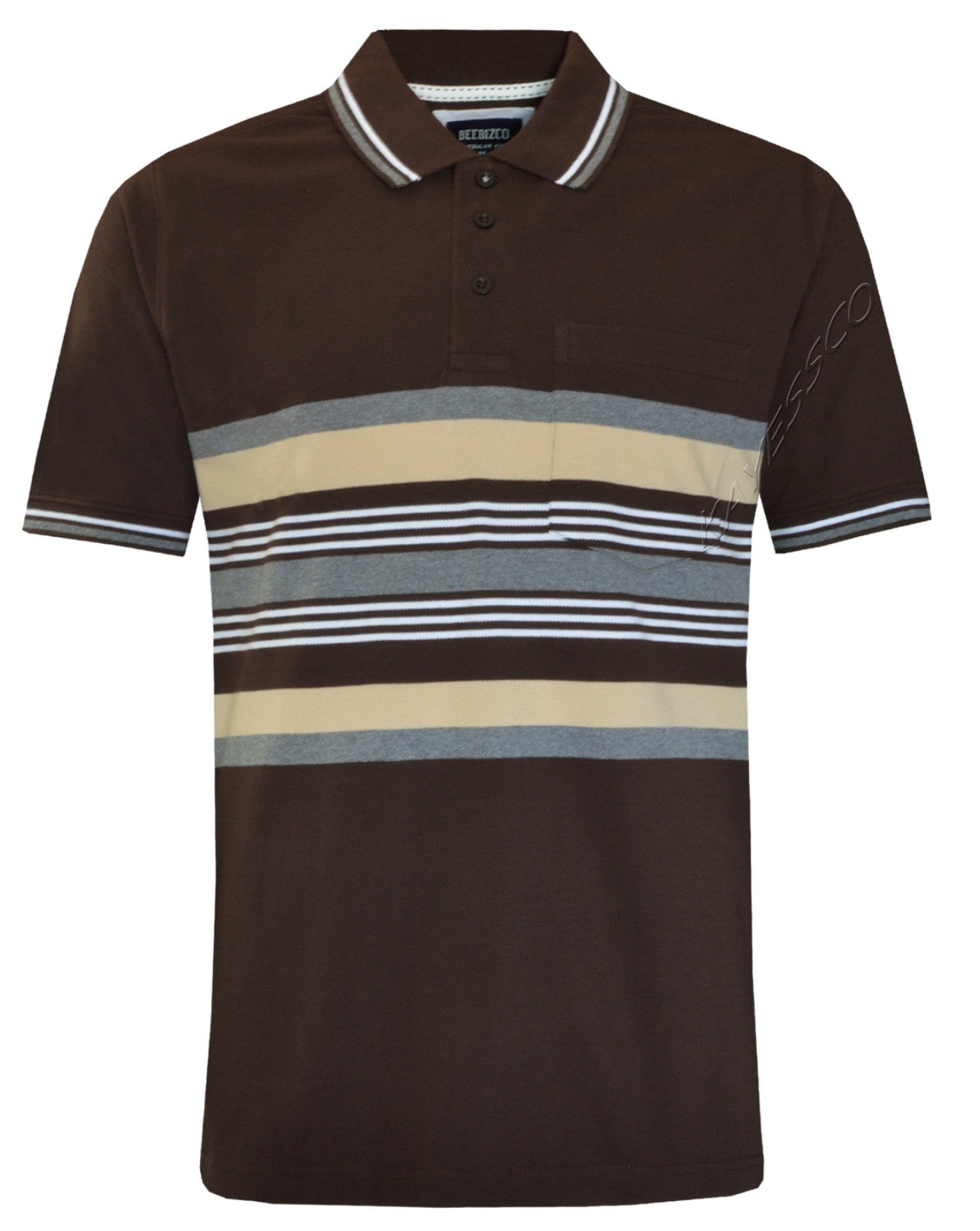 Striped Polo Shirt Short Sleeve Tipping Collar Casual Top  w/ Pocket by Beebizco