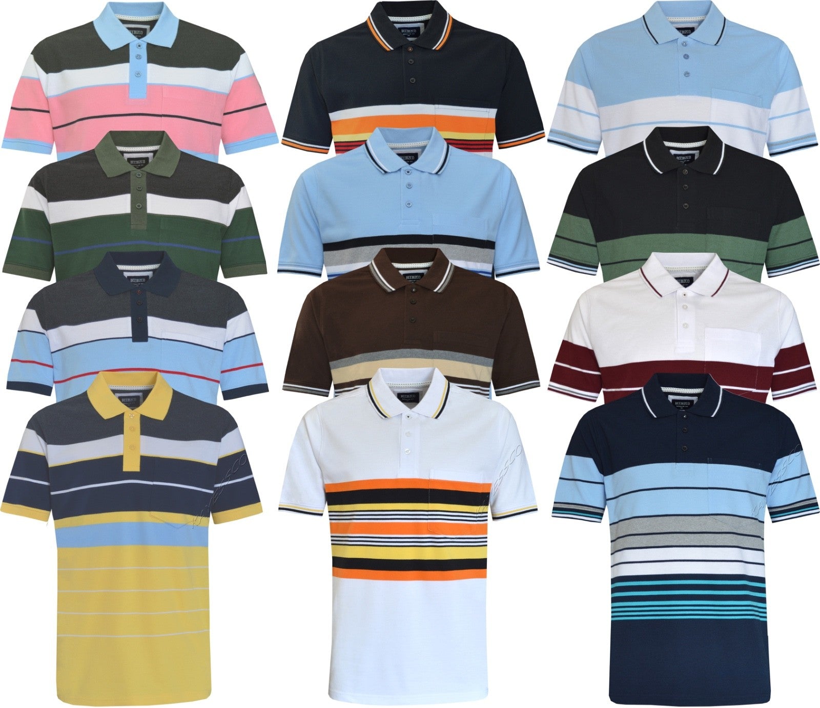 Striped Polo Shirt Short Sleeve Tipping Collar Casual Top  w/ Pocket by Beebizco