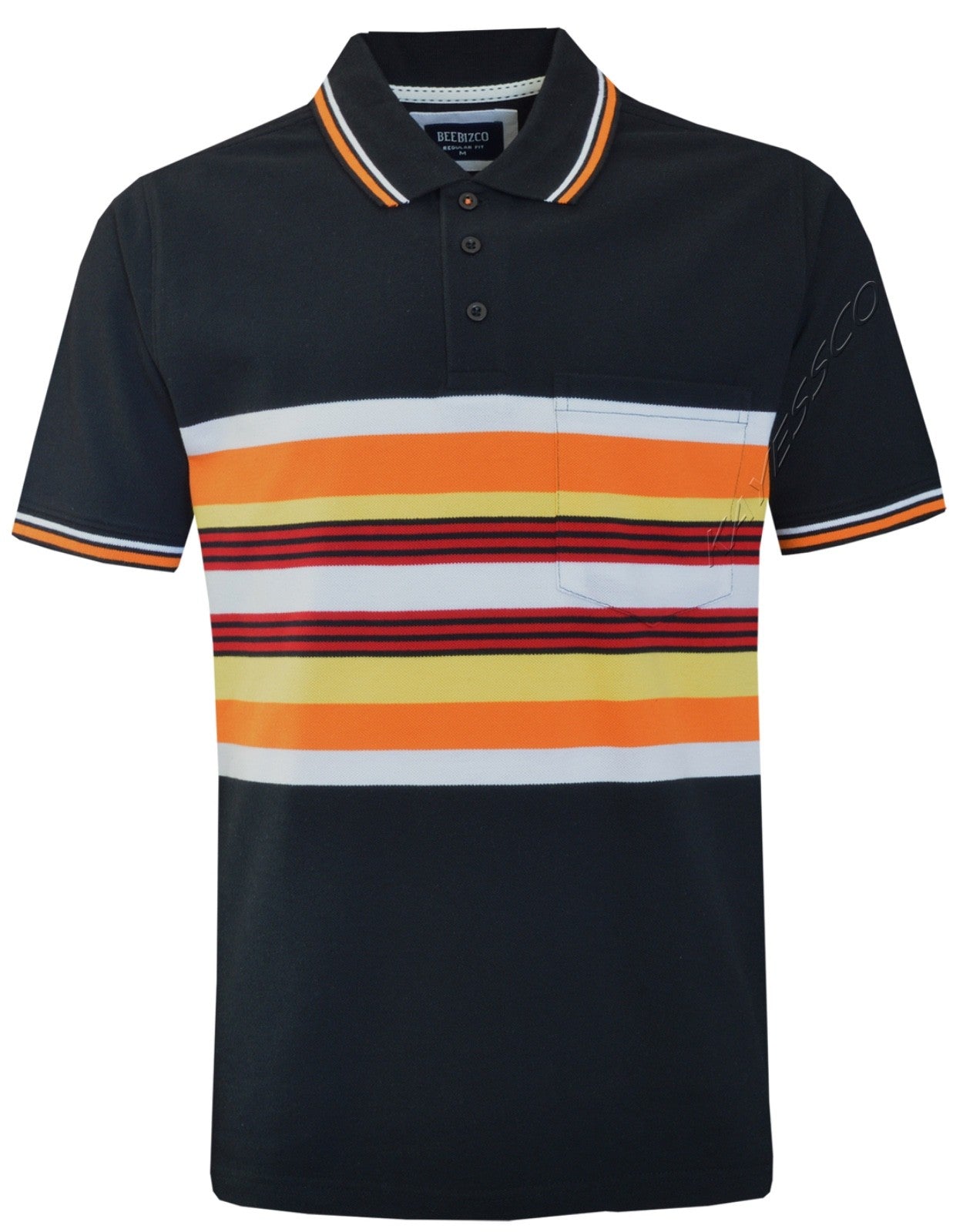Striped Polo Shirt Short Sleeve Tipping Collar Casual Top  w/ Pocket by Beebizco