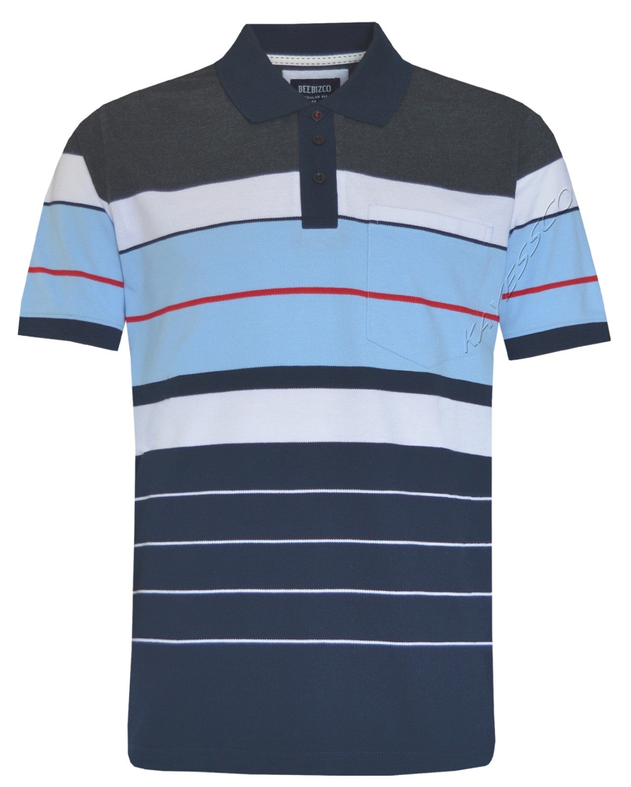 Striped Polo Shirt Short Sleeve Tipping Collar Casual Top  w/ Pocket by Beebizco