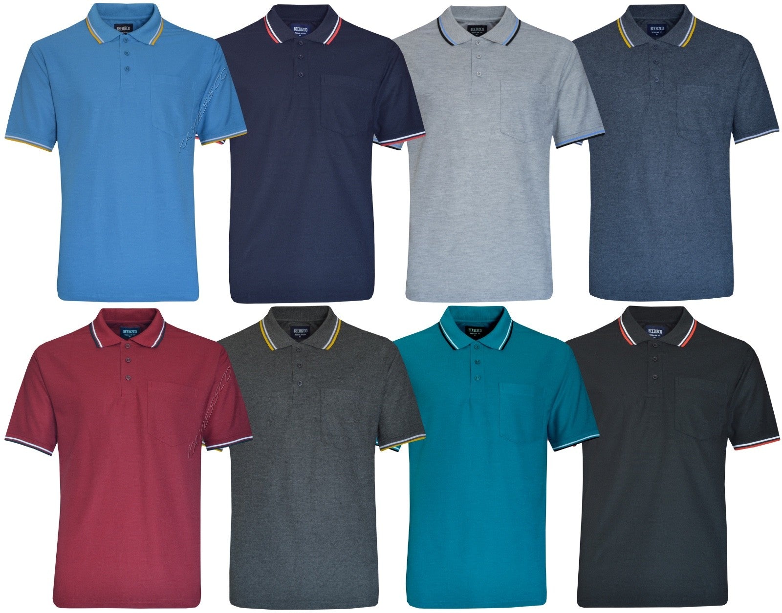 Short Sleeve Polo Pique Shirt Double Tipping Collar w Pocket by Beebizco M - 3XL