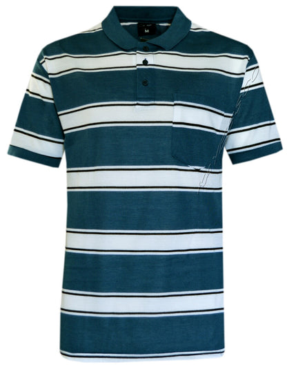 Mens Short Sleeve Polo Shirt Striped Pique Top Summer Casual with Pocket M - XXL