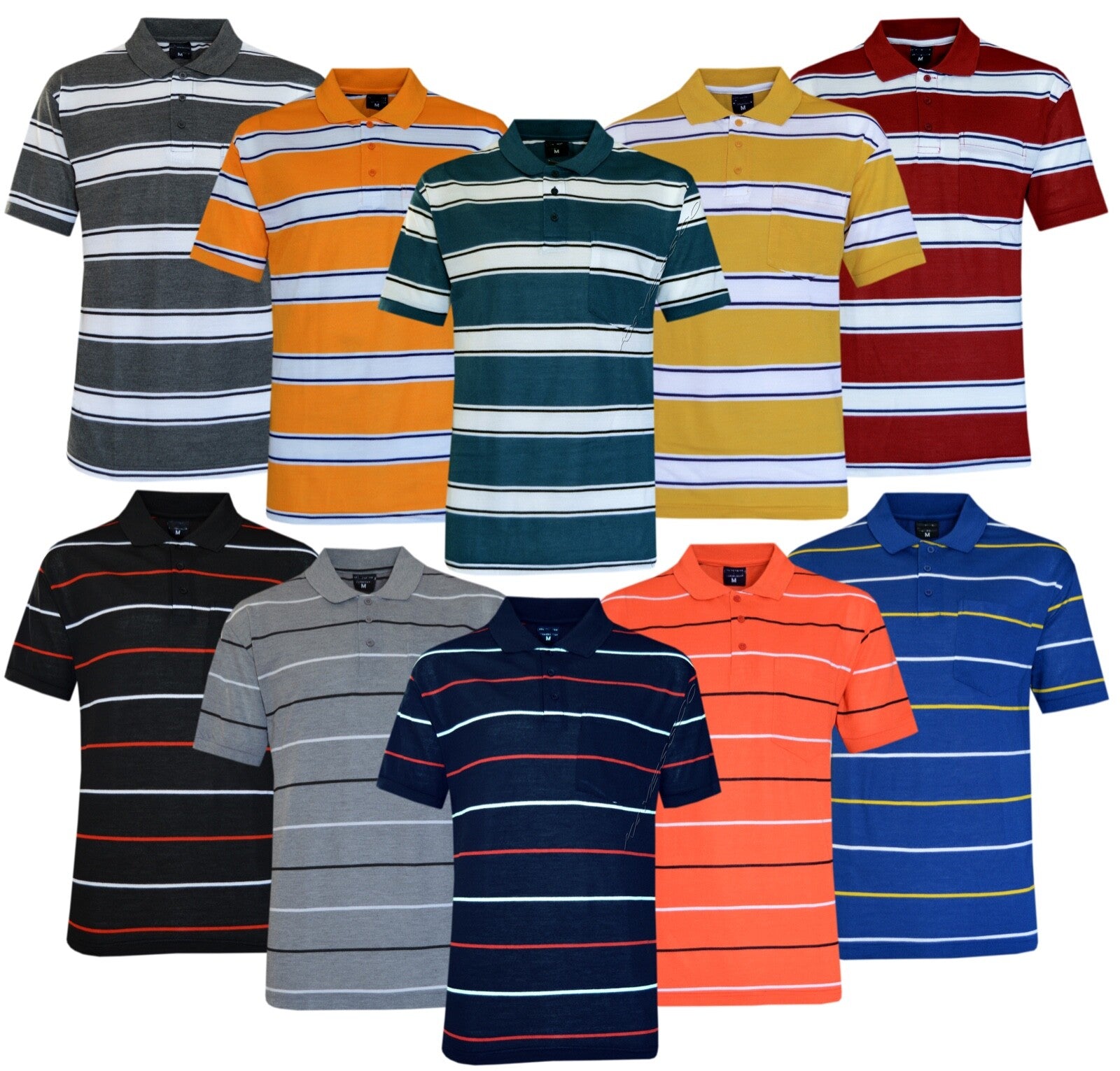 Mens Short Sleeve Polo Shirt Striped Pique Top Summer Casual with Pocket M - XXL