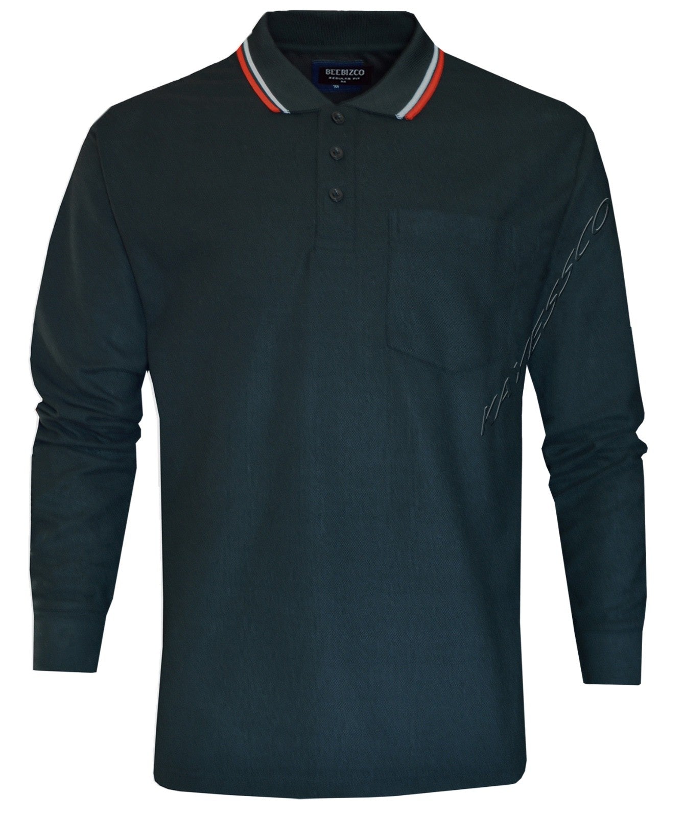 Long Sleeve Polo Pique Shirt Double Tipping Collar with Pocket by Beebizco M-3XL