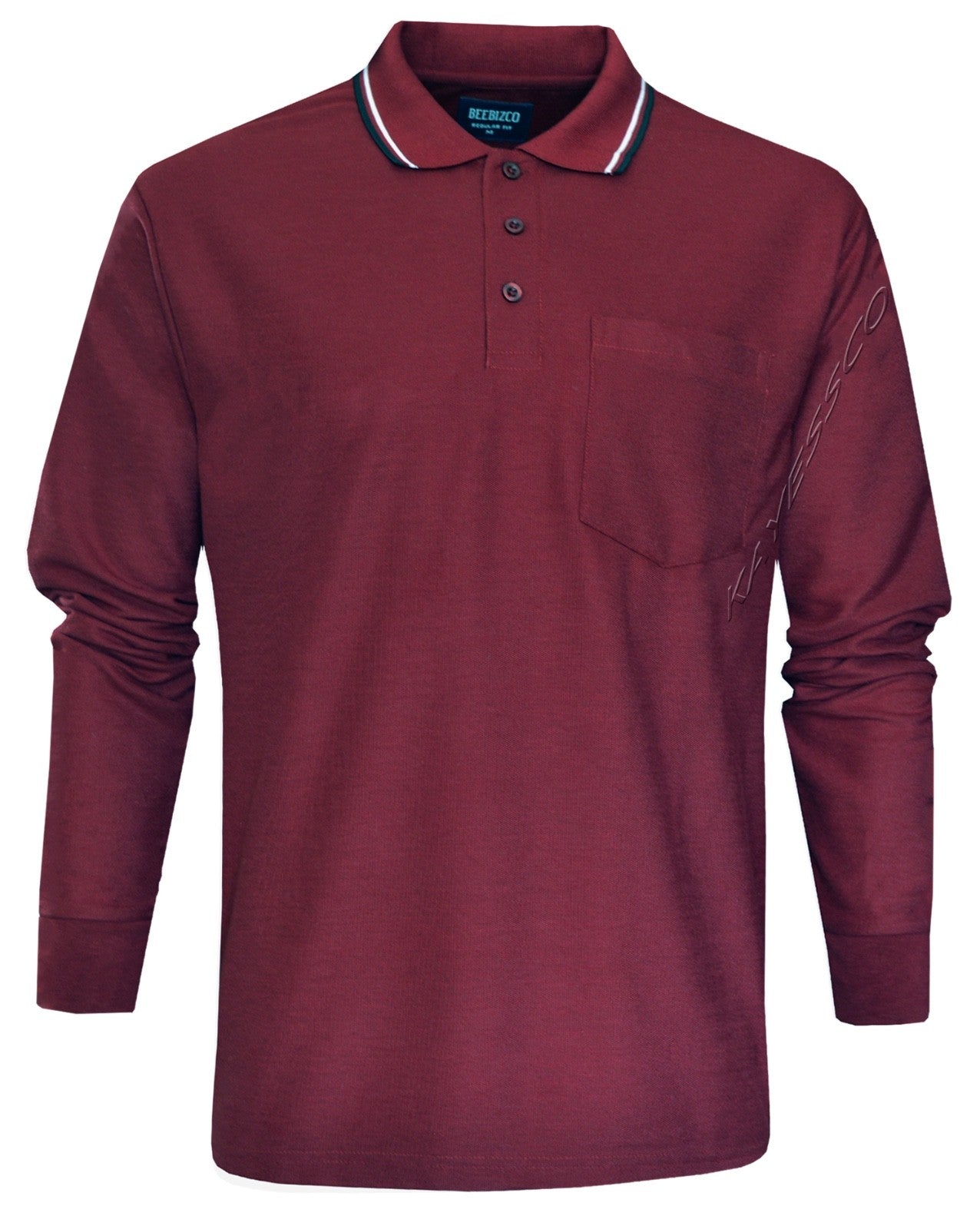 Long Sleeve Polo Pique Shirt Double Tipping Collar with Pocket by Beebizco M-3XL