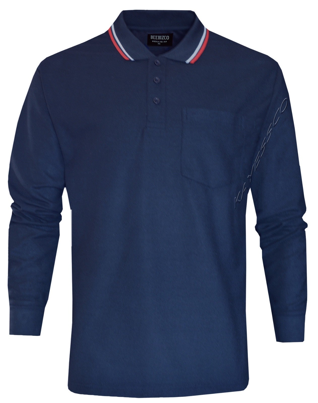 Long Sleeve Polo Pique Shirt Double Tipping Collar with Pocket by Beebizco M-3XL