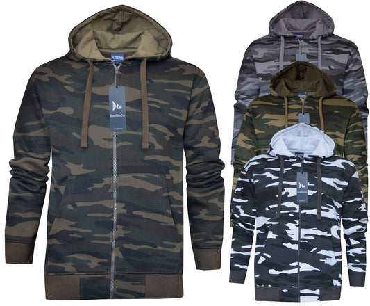 Camouflage Zip Up Hoodie Army Camo Fleece Brushed Inside w/ Pockets by Beebizco