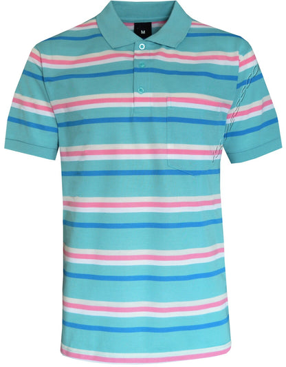 Striped Short Sleeve Yarn Dye Pique Polo Shirt Top Summer Casual with Pocket