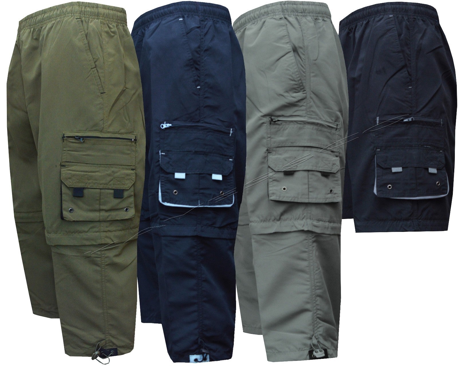 New Mens Elasticated Waist 2 In1 Zip Off Cargo Combat 3/4 Long Shorts Pant M-XXL