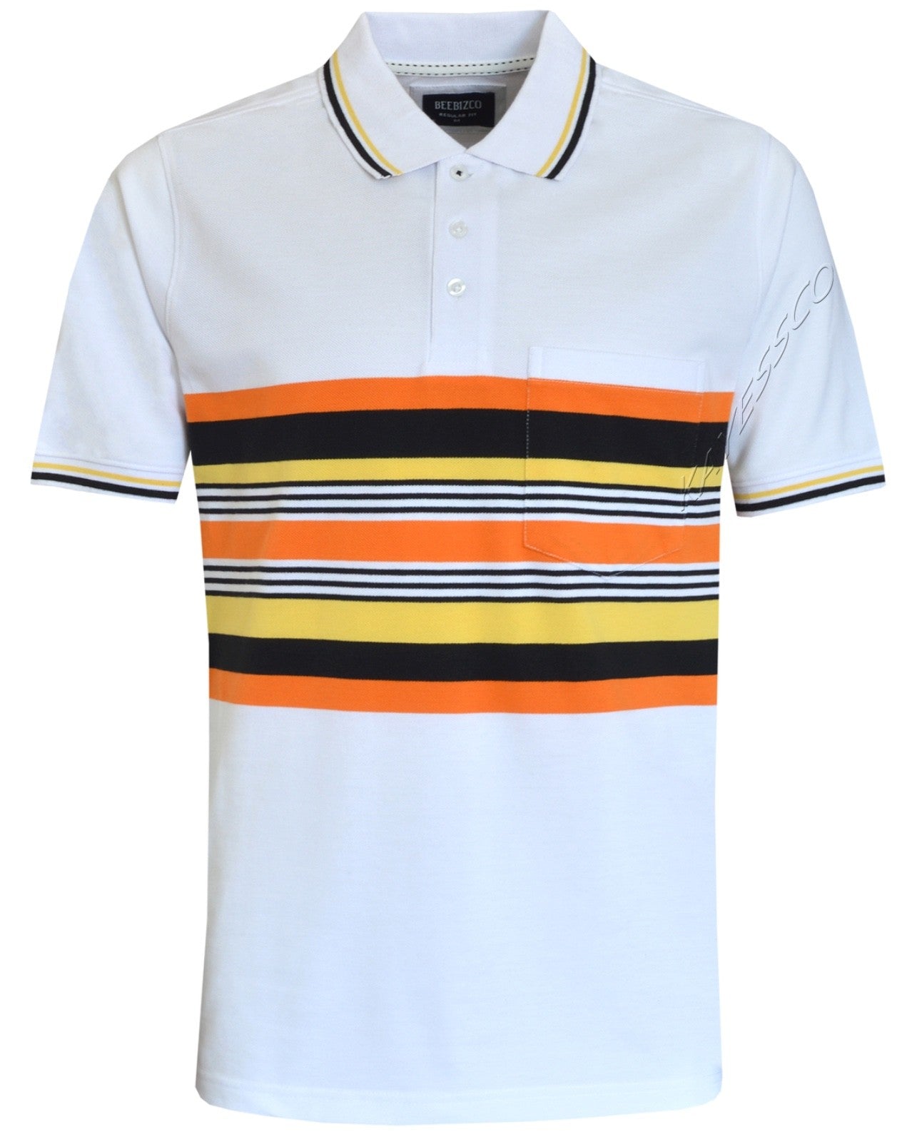 Striped Polo Shirt Short Sleeve Tipping Collar Casual Top  w/ Pocket by Beebizco