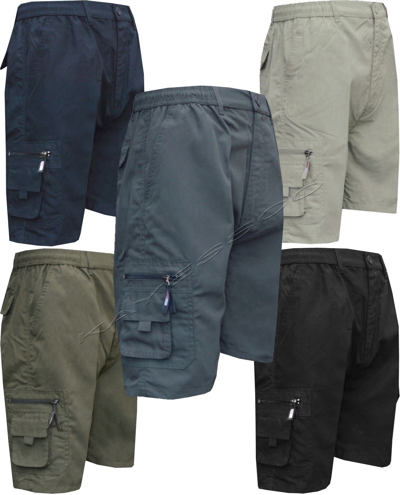 Mens Elasticated Waist Cargo Combat Plain Shorts 6 Pocket Zip Fly M - 4XL